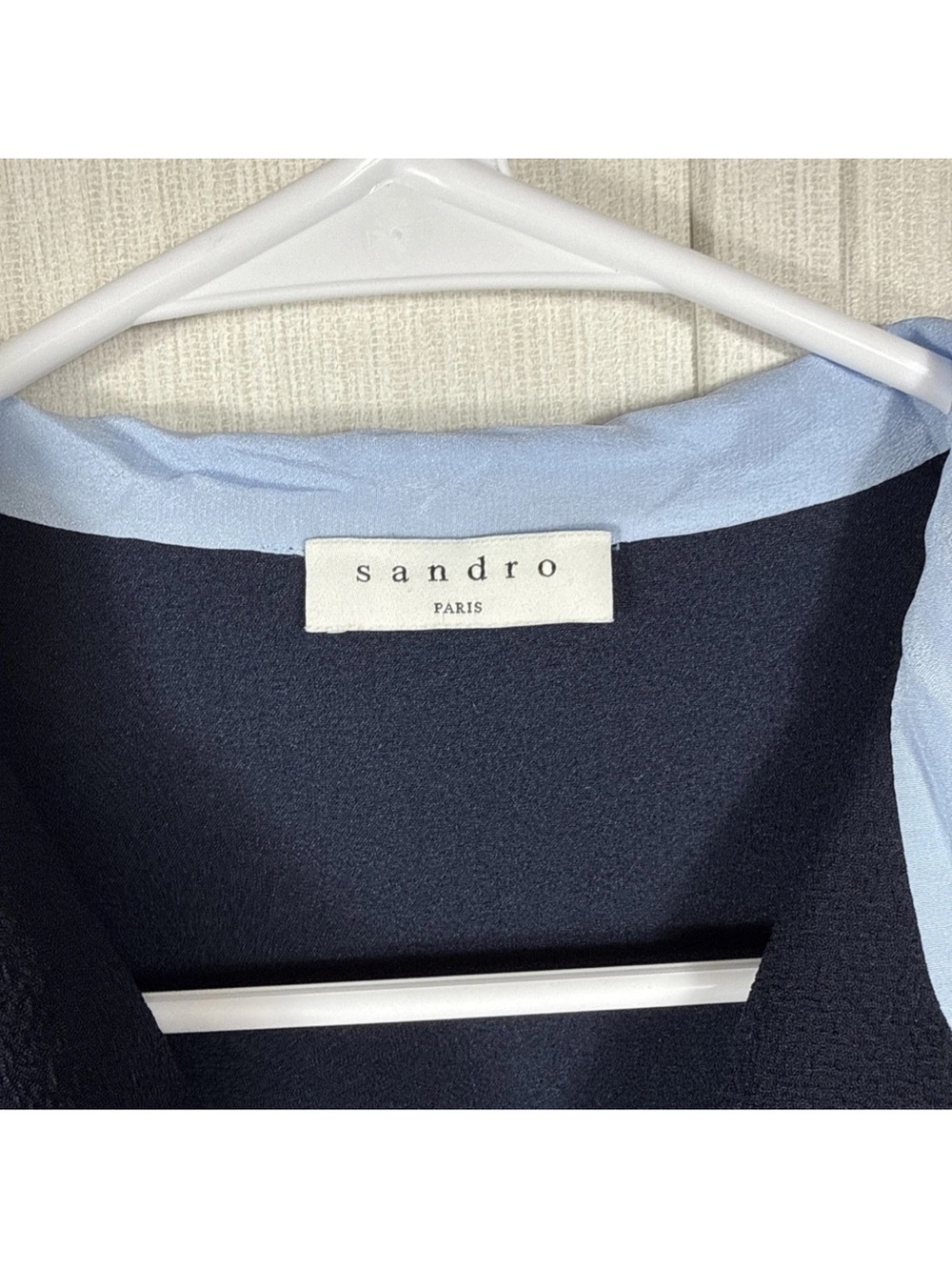 Women’s Sandro Paris Dress S 6 (38) Navy White SilkCuffs Lt Blue Neck Tie V Neck - Picture 2 of 10